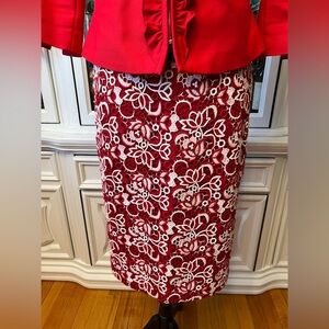 Talbots Red and White Floral Lace Pencil Skirt 6